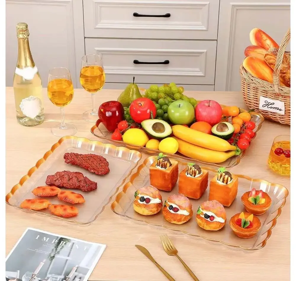 3-Piece Set Gold Wave Edge Rectangular Plastic Serving‎ Trays